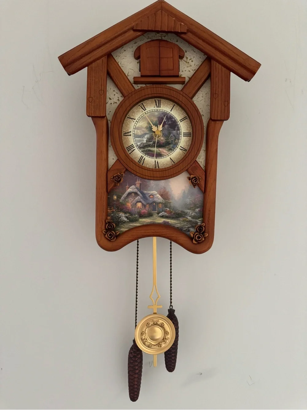 Bradford Exchange Thomas Kinkade Cuckoo Clock 14in Maple Wood Cardinal Quartz